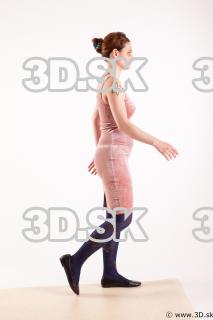 Walking reference of whole body pink dress purple tights black…